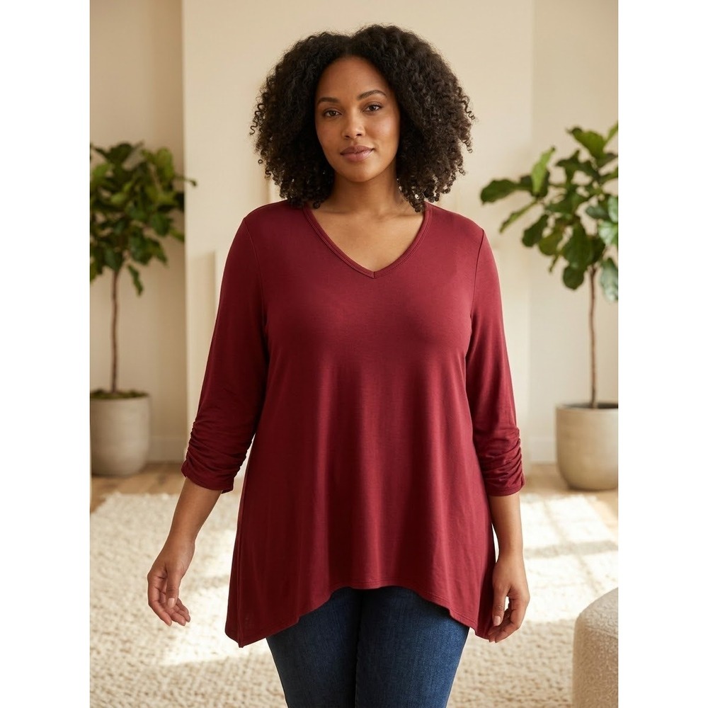 Ruched Sleeve V-Neck Joan Vass Red Rayon Spandex Tunic Top Size XL Extra Large